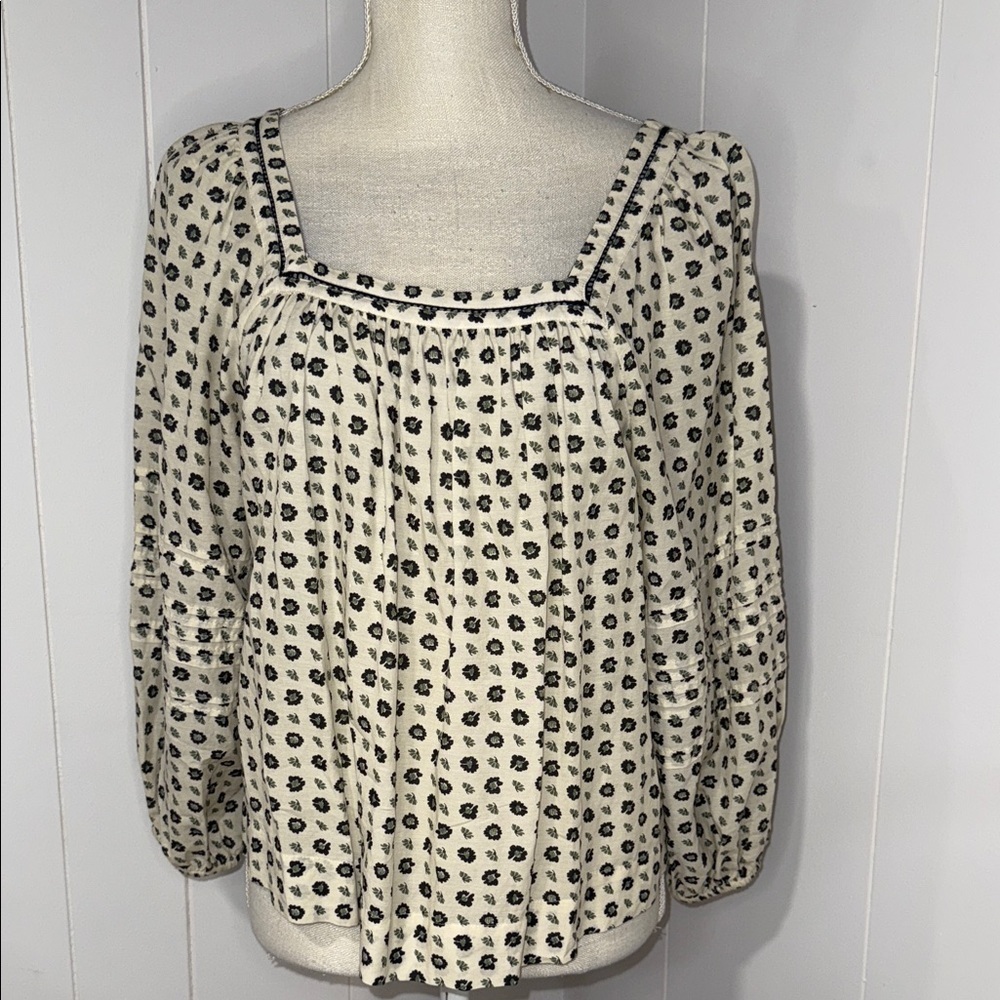 Madewell Cream and Black Patterned Square Neck Blouse